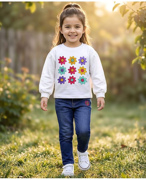Babyhug Single Jersey Knit Full Puffed Sleeves Top & Denim Jeans Set With Floral Print & Embroidery - White & Blue