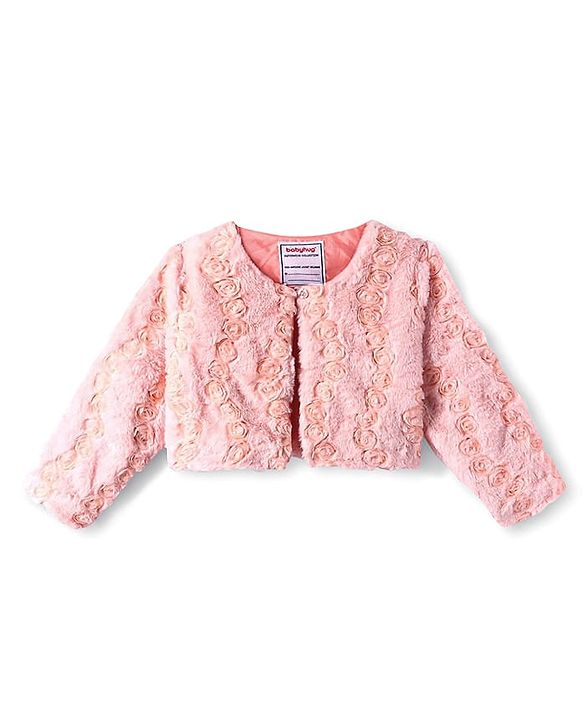 Babyhug Fur Woven Full Sleeves Winter Jacket with Floral Applique - Pink
