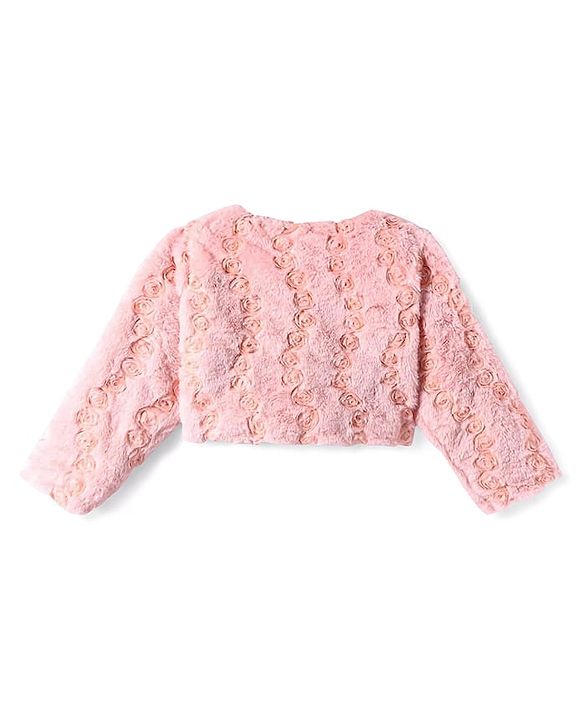 Babyhug Fur Woven Full Sleeves Winter Jacket with Floral Applique - Pink