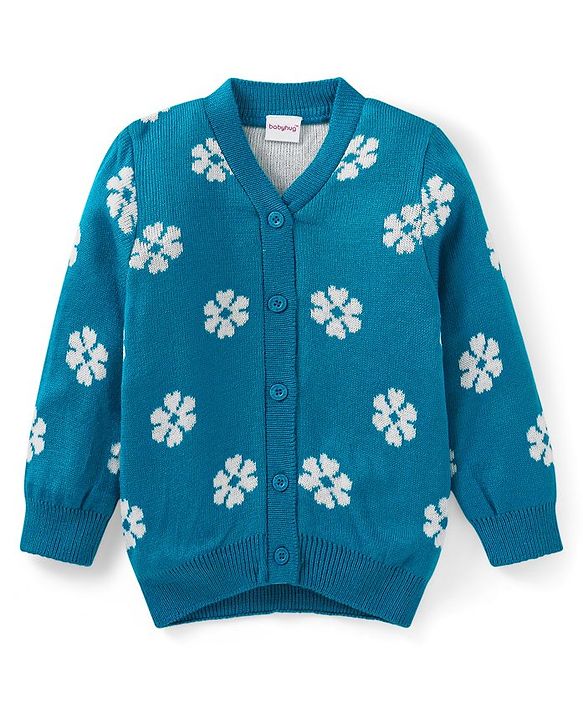 Babyhug Knitted Full Sleeves Front Open Sweater with Floral Design - Teal Blue
