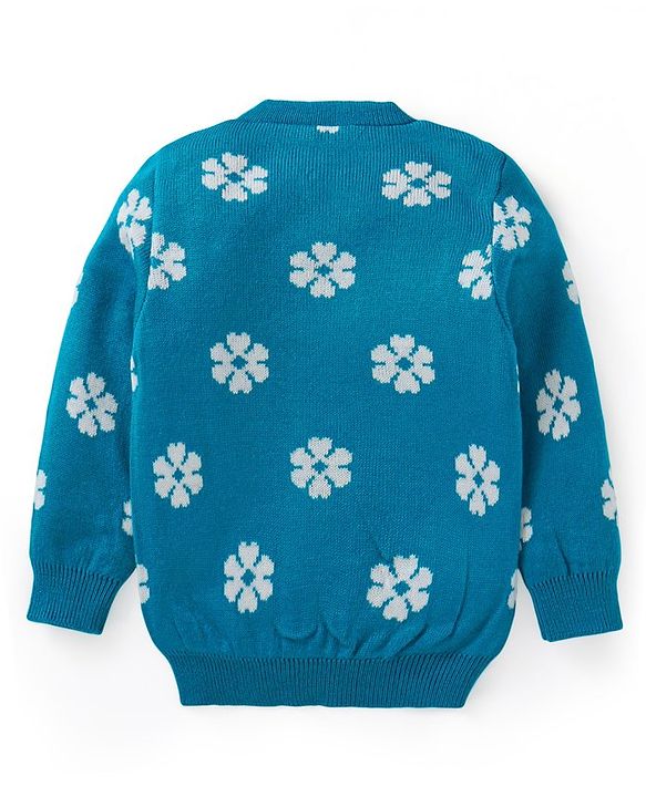 Babyhug Knitted Full Sleeves Front Open Sweater with Floral Design - Teal Blue