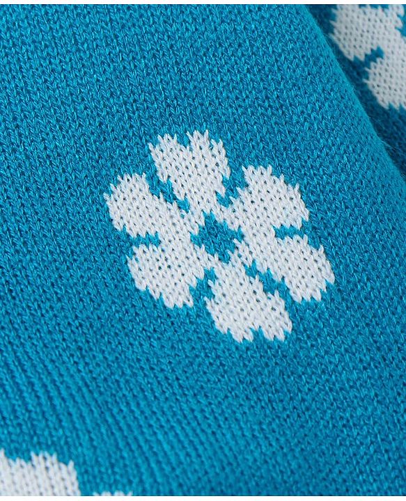 Babyhug Knitted Full Sleeves Front Open Sweater with Floral Design - Teal Blue