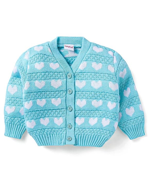 Babyhug Knit Full Sleeves Front Open  Sweater with Herat Design - Light Blue
