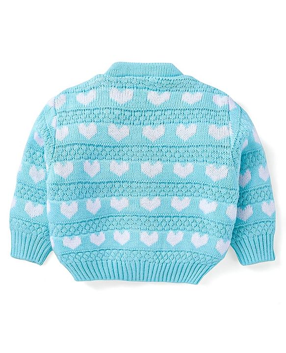 Babyhug Knit Full Sleeves Front Open  Sweater with Herat Design - Light Blue
