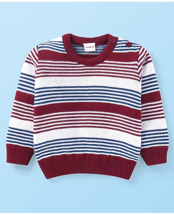 Babyhug Knitted Full Sleeves Pullover Sweater with Stripes Design - Maroon