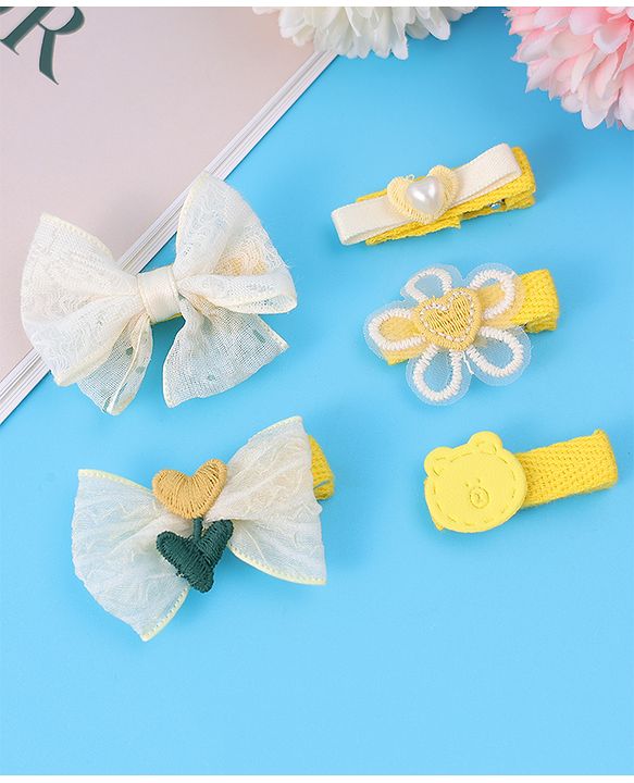 Babyhug Hair Pins And Clips With Bow & Crochet Applique Pack of 5 - Yellow