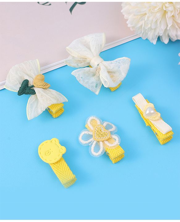 Babyhug Hair Pins And Clips With Bow & Crochet Applique Pack of 5 - Yellow