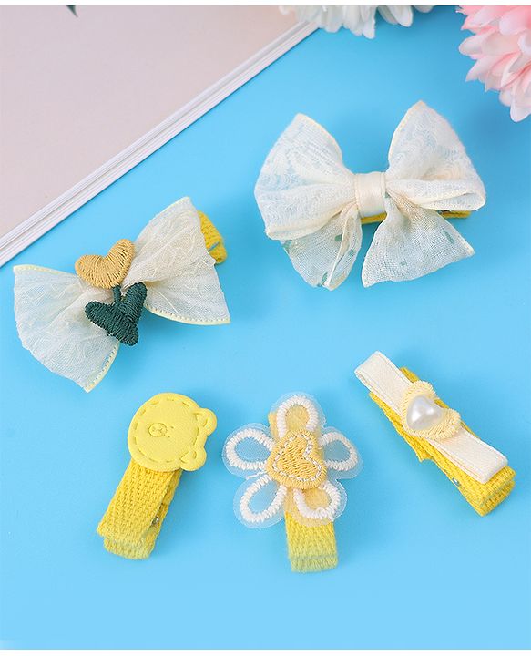 Babyhug Hair Pins And Clips With Bow & Crochet Applique Pack of 5 - Yellow
