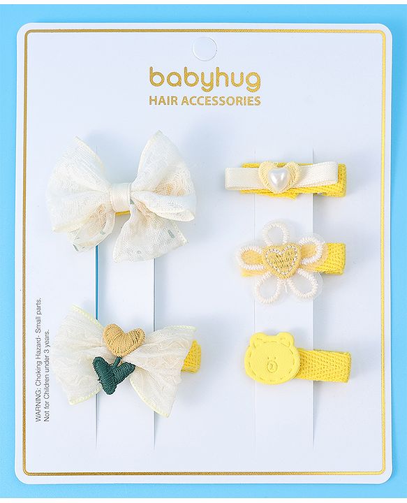 Babyhug Hair Pins And Clips With Bow & Crochet Applique Pack of 5 - Yellow