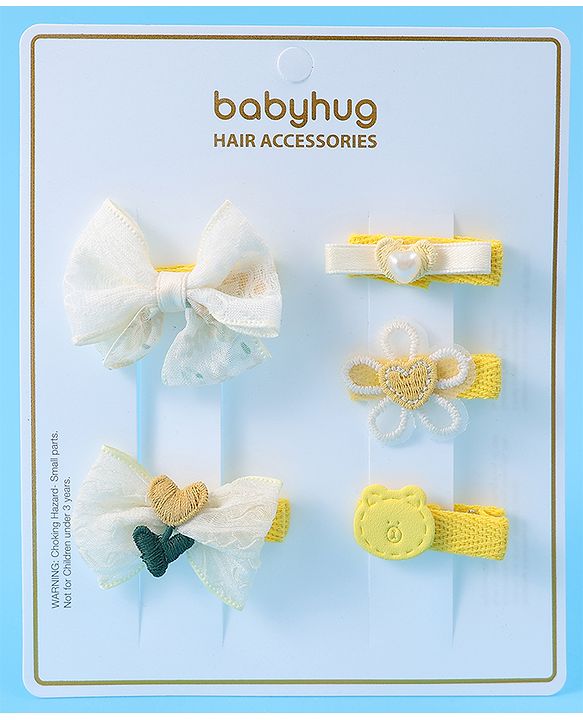 Babyhug Hair Pins And Clips With Bow & Crochet Applique Pack of 5 - Yellow