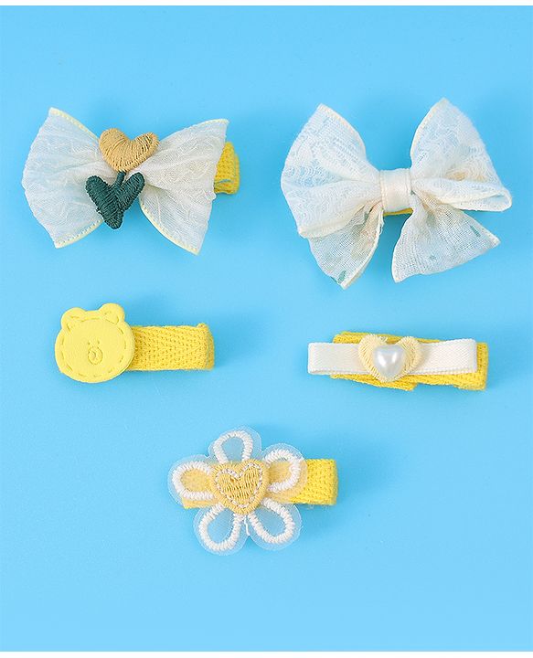 Babyhug Hair Pins And Clips With Bow & Crochet Applique Pack of 5 - Yellow