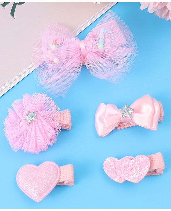 Babyhug Hair Pins And Clips With Bow & Heart Applique Pack of 5 - Pink