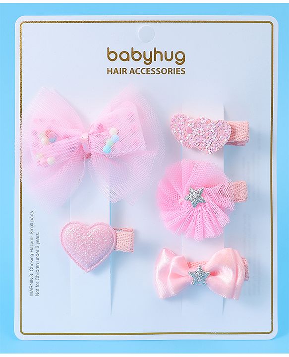 Babyhug Hair Pins And Clips With Bow & Heart Applique Pack of 5 - Pink