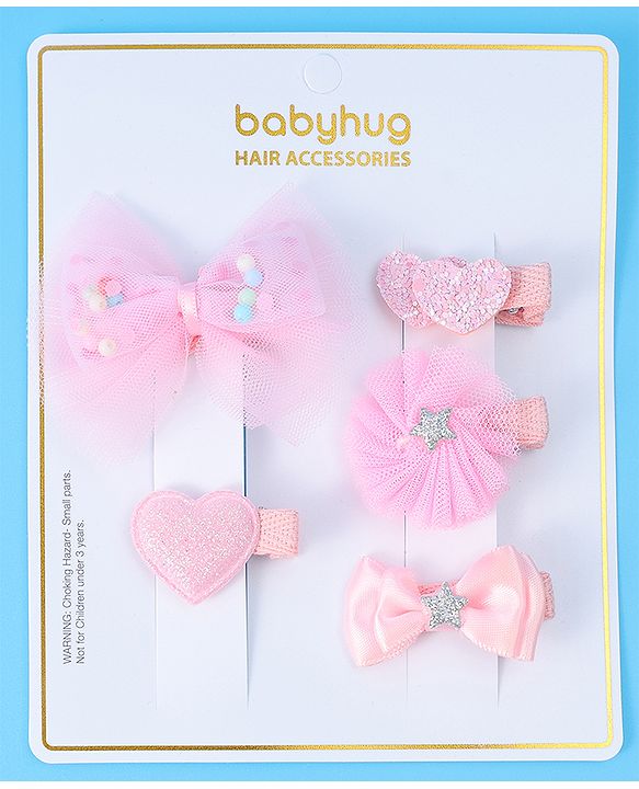Babyhug Hair Pins And Clips With Bow & Heart Applique Pack of 5 - Pink