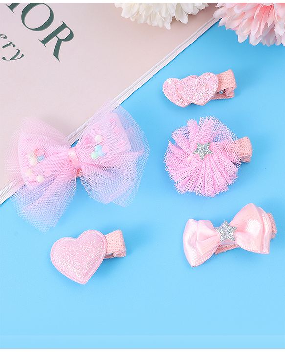 Babyhug Hair Pins And Clips With Bow & Heart Applique Pack of 5 - Pink