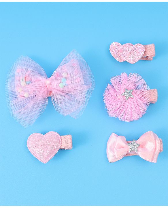 Babyhug Hair Pins And Clips With Bow & Heart Applique Pack of 5 - Pink