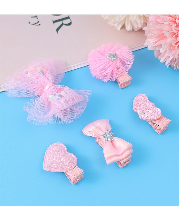 Babyhug Hair Pins And Clips With Bow & Heart Applique Pack of 5 - Pink