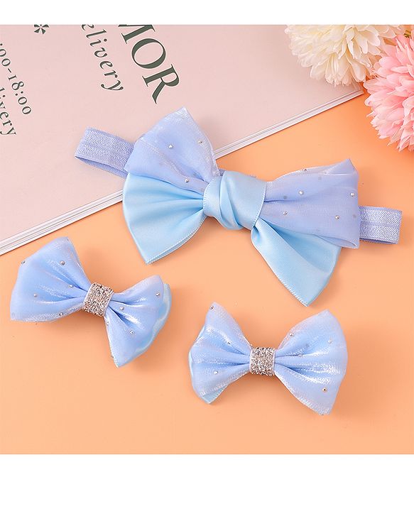Babyhug Headband and Hair Clips with Bow & Rhinestones Applique Combo Pack - Sky Blue