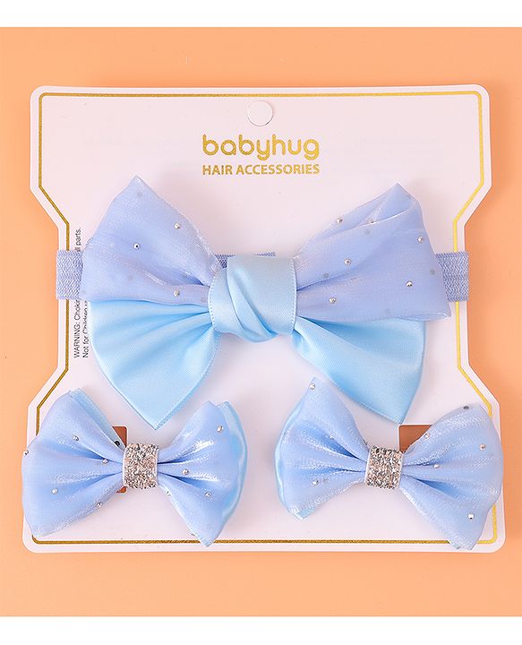 Babyhug Headband and Hair Clips with Bow & Rhinestones Applique Combo Pack - Sky Blue