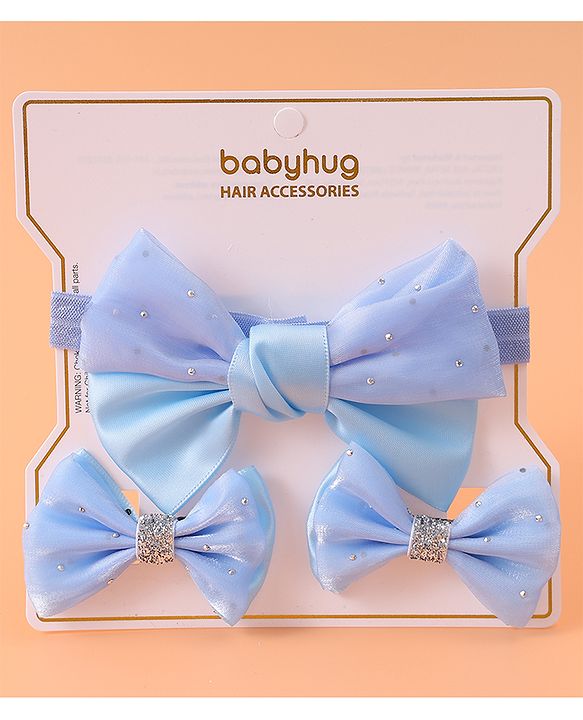 Babyhug Headband and Hair Clips with Bow & Rhinestones Applique Combo Pack - Sky Blue