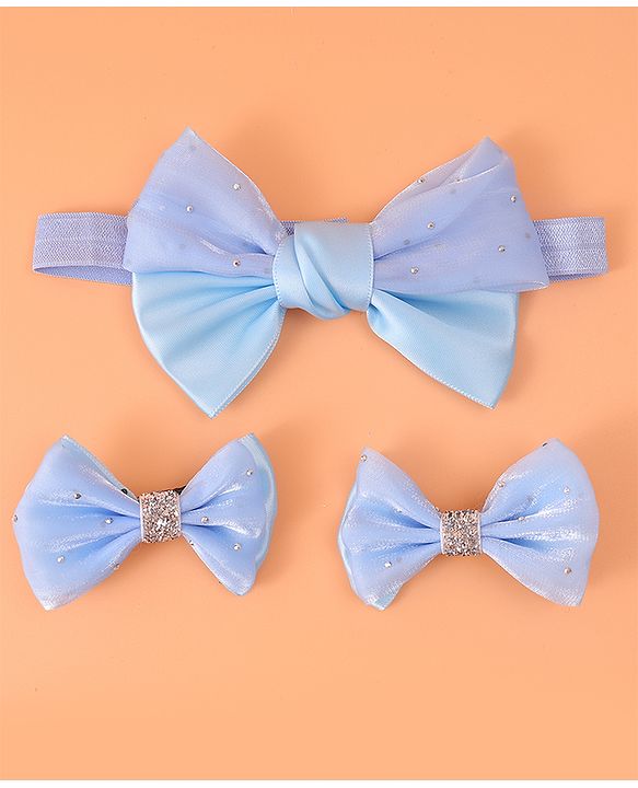 Babyhug Headband and Hair Clips with Bow & Rhinestones Applique Combo Pack - Sky Blue