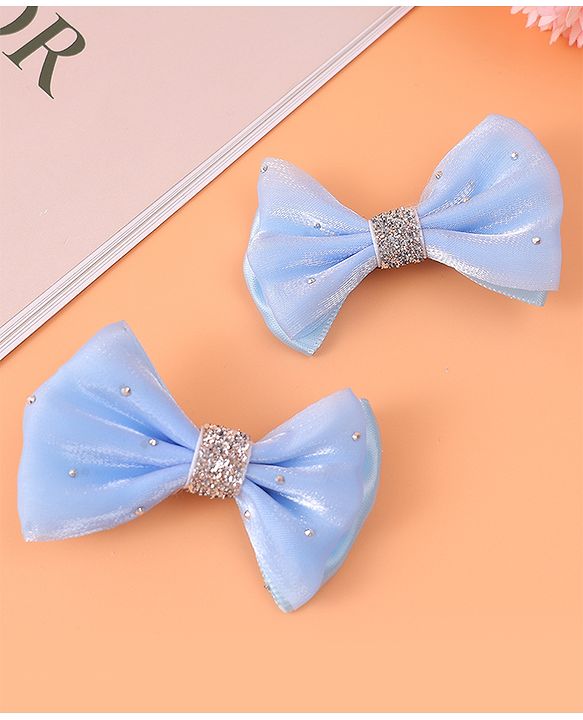 Babyhug Headband and Hair Clips with Bow & Rhinestones Applique Combo Pack - Sky Blue
