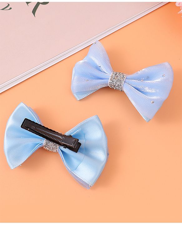 Babyhug Headband and Hair Clips with Bow & Rhinestones Applique Combo Pack - Sky Blue