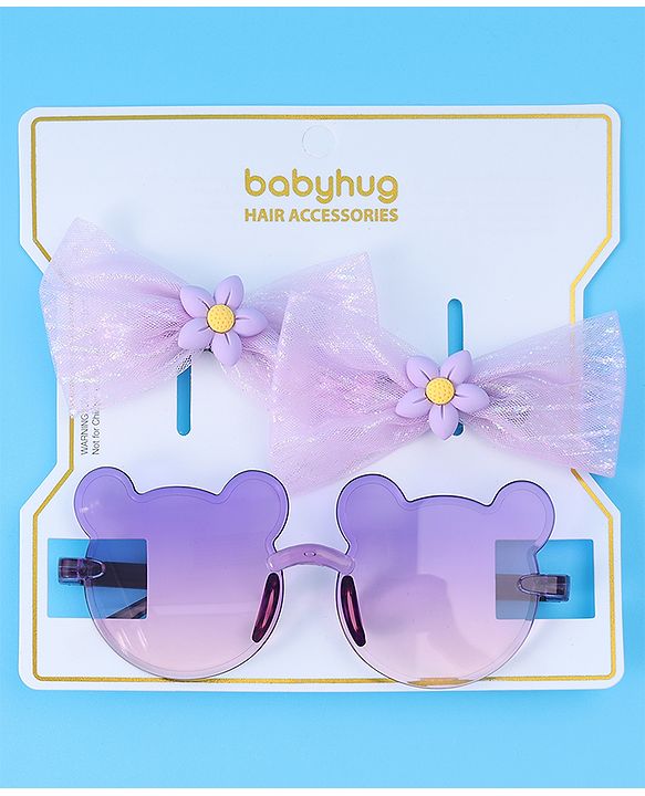 Babyhug Hair Clips & Sunglasses Combo Set Free Size with Bow Applique - Purple