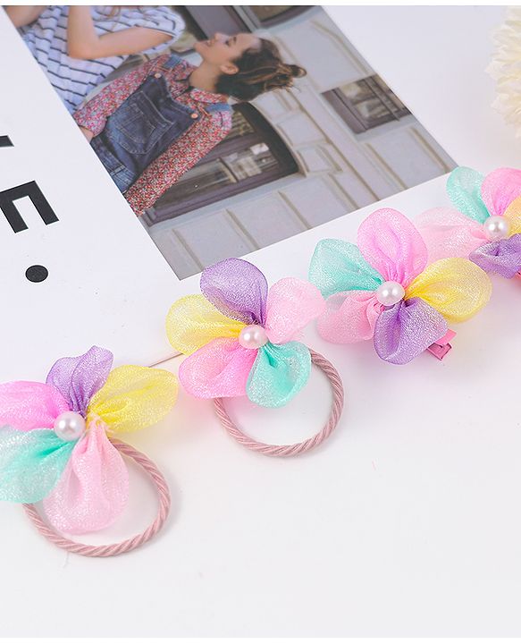 Babyhug Free Size Rubber Bands & Clips With Flower Applique - Multicolor