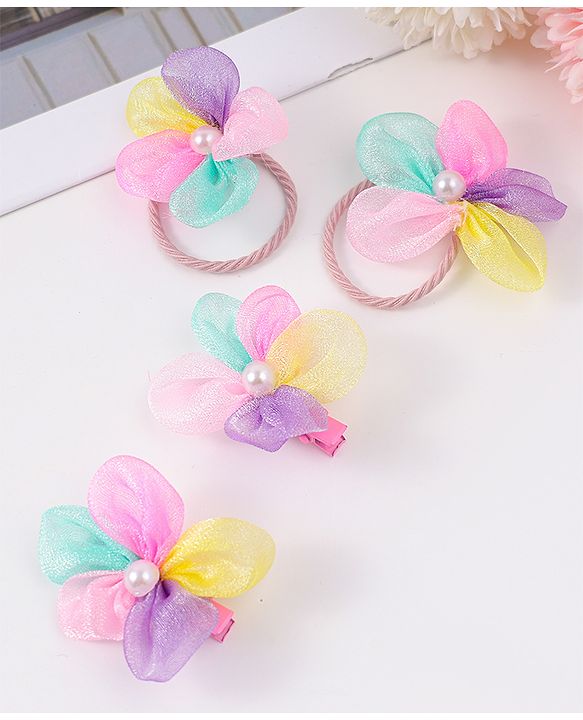 Babyhug Free Size Rubber Bands & Clips With Flower Applique - Multicolor