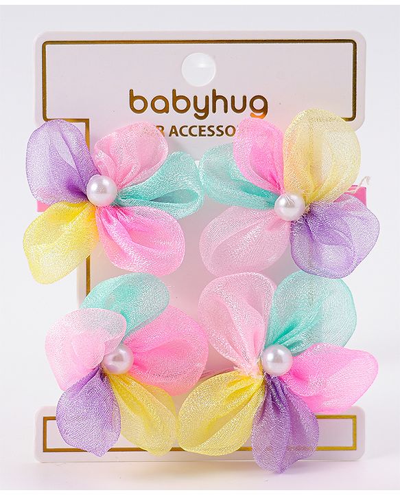 Babyhug Free Size Rubber Bands & Clips With Flower Applique - Multicolor