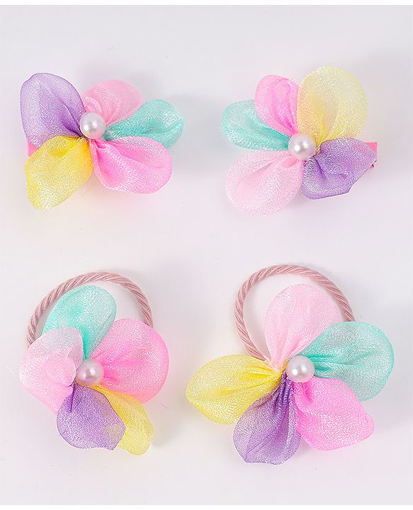 Babyhug Free Size Rubber Bands & Clips With Flower Applique - Multicolor
