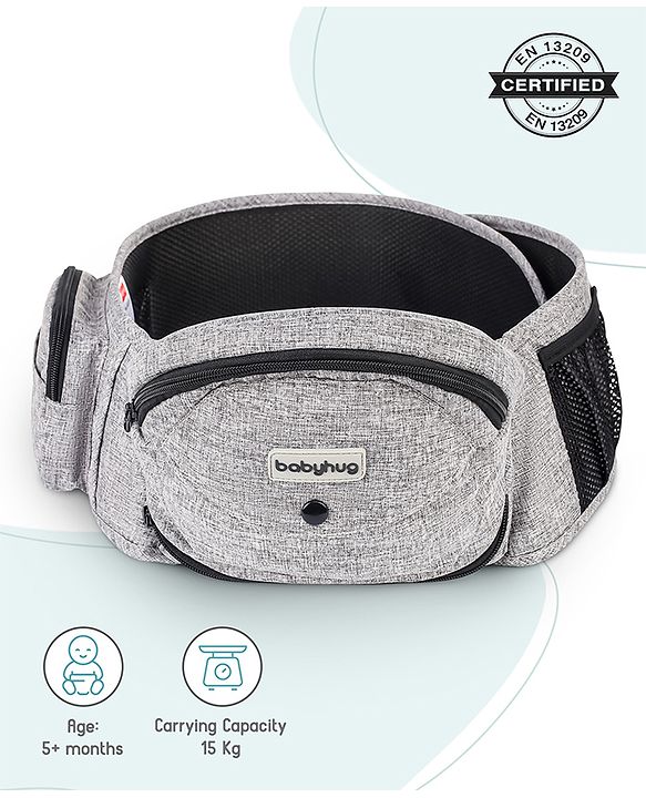 Babyhug Snug Rider Multi-function Hip Seat: Soft padded seat, Adjustable fit, Comfortable lumbar support, Secure fastening, and Two-way carrying for babies up to 15 kg  Grey