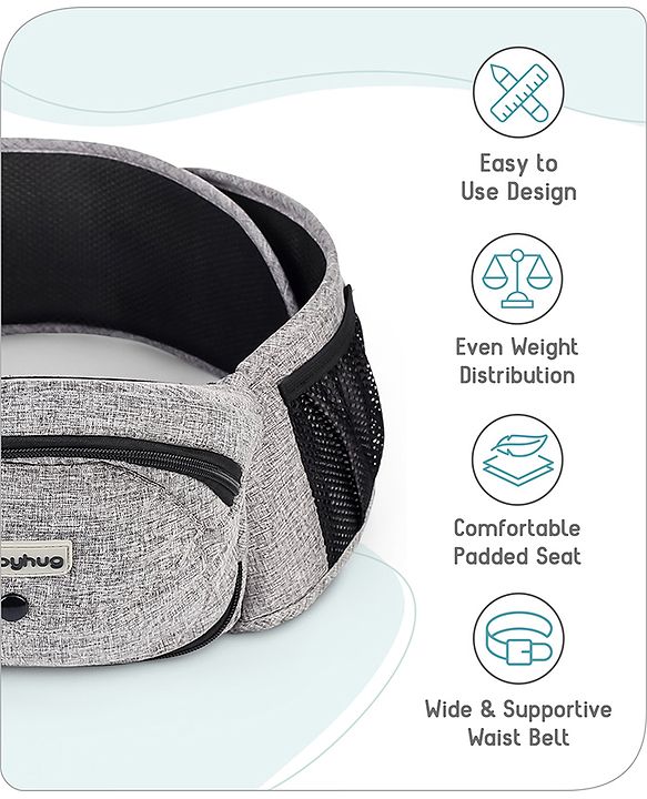Babyhug Snug Rider Multi-function Hip Seat: Soft padded seat, Adjustable fit, Comfortable lumbar support, Secure fastening, and Two-way carrying for babies up to 15 kg  Grey