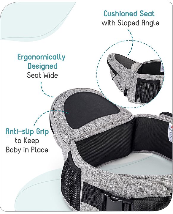 Babyhug Snug Rider Multi-function Hip Seat: Soft padded seat, Adjustable fit, Comfortable lumbar support, Secure fastening, and Two-way carrying for babies up to 15 kg  Grey