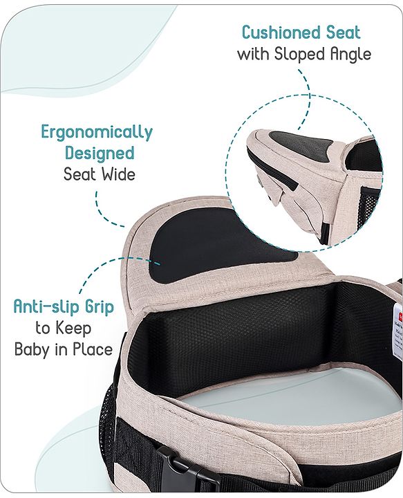 Babyhug Snug Rider Multi-function Hip Seat: Soft padded seat, Adjustable fit, Comfortable lumbar support, Secure fastening, and Two-way carrying for babies up to 15 kg  Grey