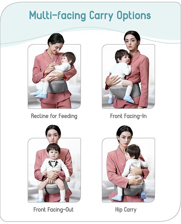 Babyhug Snug Rider Multi-function Hip Seat: Soft padded seat, Adjustable fit, Comfortable lumbar support, Secure fastening, and Two-way carrying for babies up to 15 kg  Grey
