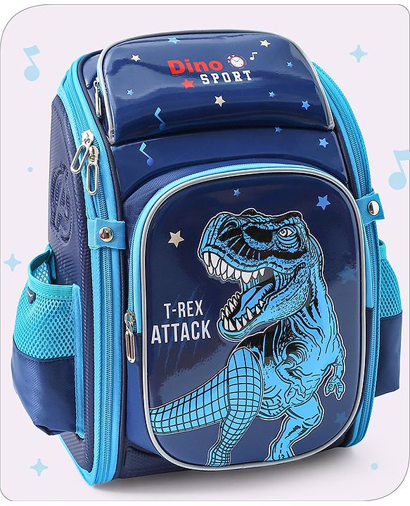 Babyhug School Backpack With Dino Print|1 Main Compartment, 2 Front Pockets, 2 side Bottle Pockets|Water Resistant|Long lasting and Durable Zippers | Comfortable back cushioning | For School, Travel and Outdoors|Blue- 14.5inches