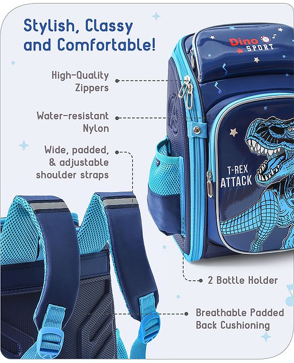 Babyhug School Backpack With Dino Print|1 Main Compartment, 2 Front Pockets, 2 side Bottle Pockets|Water Resistant|Long lasting and Durable Zippers | Comfortable back cushioning | For School, Travel and Outdoors|Blue- 14.5inches