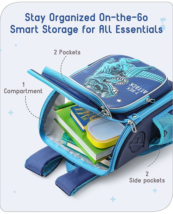 Babyhug School Backpack With Dino Print|1 Main Compartment, 2 Front Pockets, 2 side Bottle Pockets|Water Resistant|Long lasting and Durable Zippers | Comfortable back cushioning | For School, Travel and Outdoors|Blue- 14.5inches