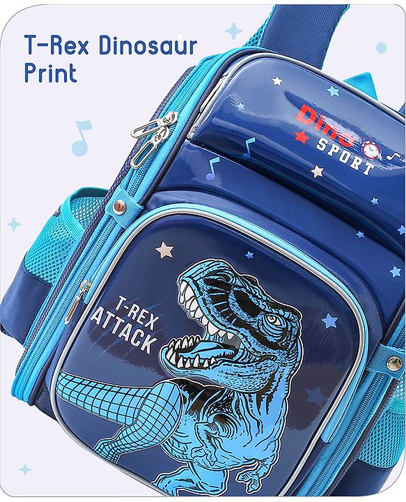 Babyhug School Backpack With Dino Print|1 Main Compartment, 2 Front Pockets, 2 side Bottle Pockets|Water Resistant|Long lasting and Durable Zippers | Comfortable back cushioning | For School, Travel and Outdoors|Blue- 14.5inches