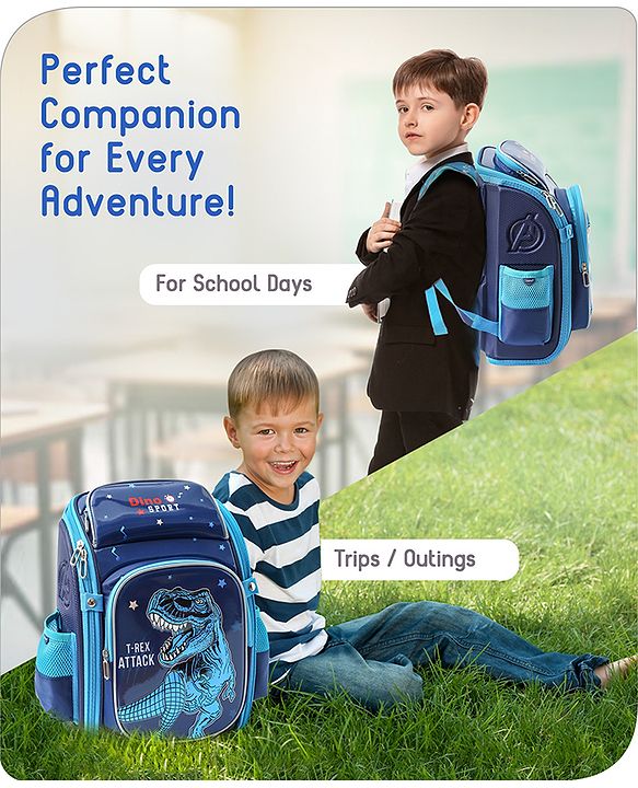 Babyhug School Backpack With Dino Print|1 Main Compartment, 2 Front Pockets, 2 side Bottle Pockets|Water Resistant|Long lasting and Durable Zippers | Comfortable back cushioning | For School, Travel and Outdoors|Blue- 14.5inches
