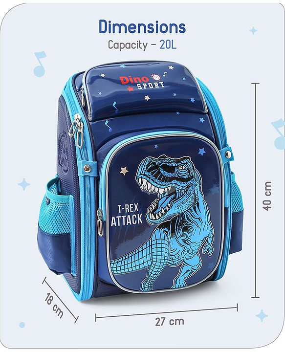 Babyhug School Backpack With Dino Print|1 Main Compartment, 2 Front Pockets, 2 side Bottle Pockets|Water Resistant|Long lasting and Durable Zippers | Comfortable back cushioning | For School, Travel and Outdoors|Blue- 14.5inches