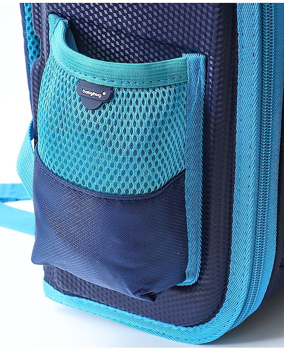 Babyhug School Backpack With Dino Print|1 Main Compartment, 2 Front Pockets, 2 side Bottle Pockets|Water Resistant|Long lasting and Durable Zippers | Comfortable back cushioning | For School, Travel and Outdoors|Blue- 14.5inches