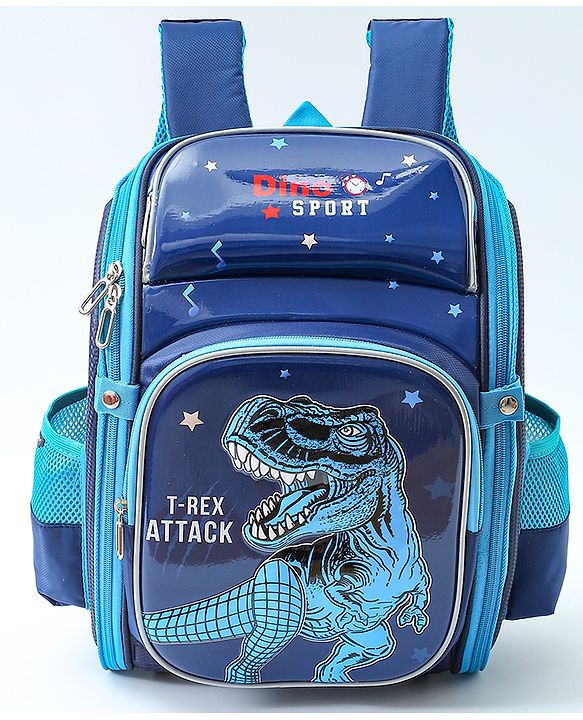 Babyhug School Backpack With Dino Print|1 Main Compartment, 2 Front Pockets, 2 side Bottle Pockets|Water Resistant|Long lasting and Durable Zippers | Comfortable back cushioning | For School, Travel and Outdoors|Blue- 14.5inches