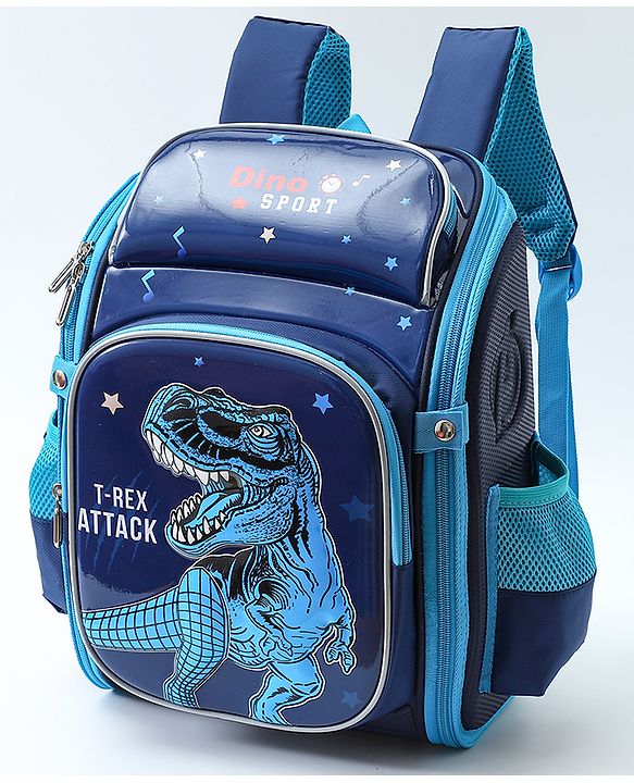 Babyhug School Backpack With Dino Print|1 Main Compartment, 2 Front Pockets, 2 side Bottle Pockets|Water Resistant|Long lasting and Durable Zippers | Comfortable back cushioning | For School, Travel and Outdoors|Blue- 14.5inches