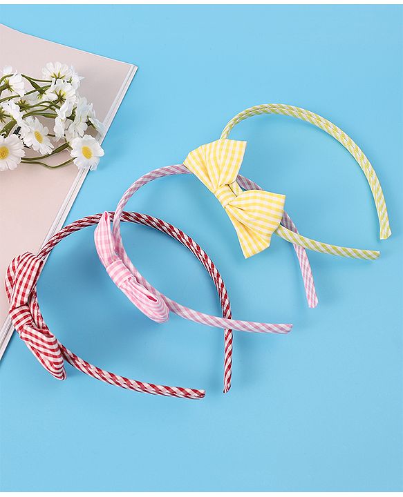 Pine Kids Hair Bands Bow Applique with Checks Free Size Pack of 3 - Red Pink & Yellow