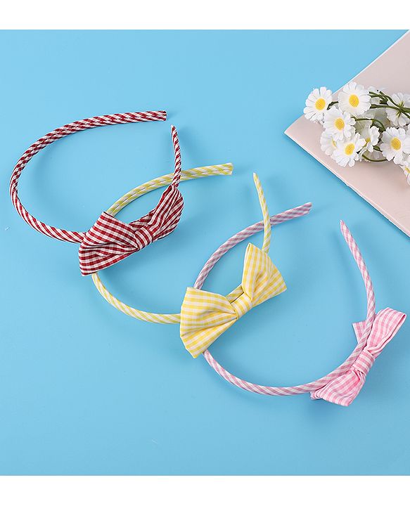 Pine Kids Hair Bands Bow Applique with Checks Free Size Pack of 3 - Red Pink & Yellow