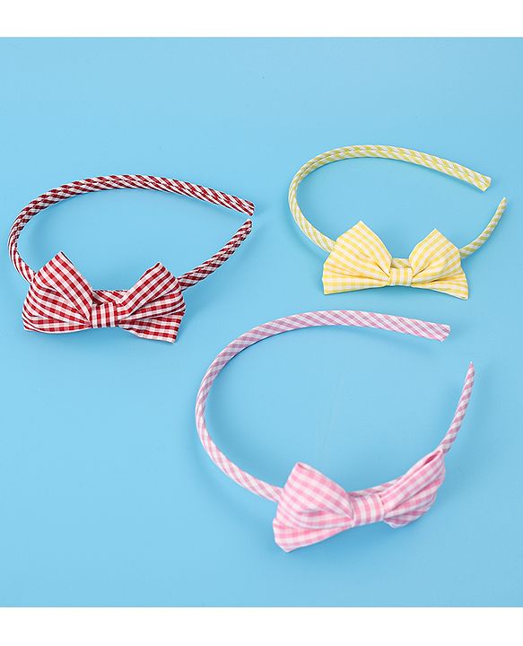 Pine Kids Hair Bands Bow Applique with Checks Free Size Pack of 3 - Red Pink & Yellow
