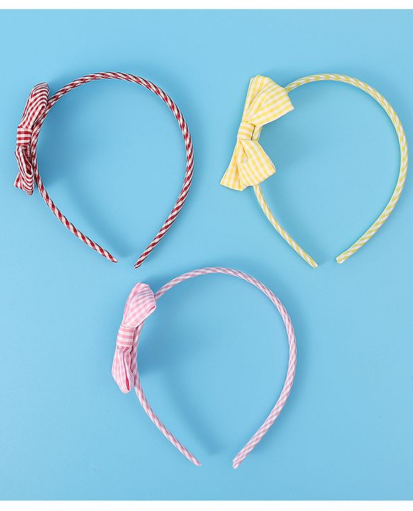 Pine Kids Hair Bands Bow Applique with Checks Free Size Pack of 3 - Red Pink & Yellow